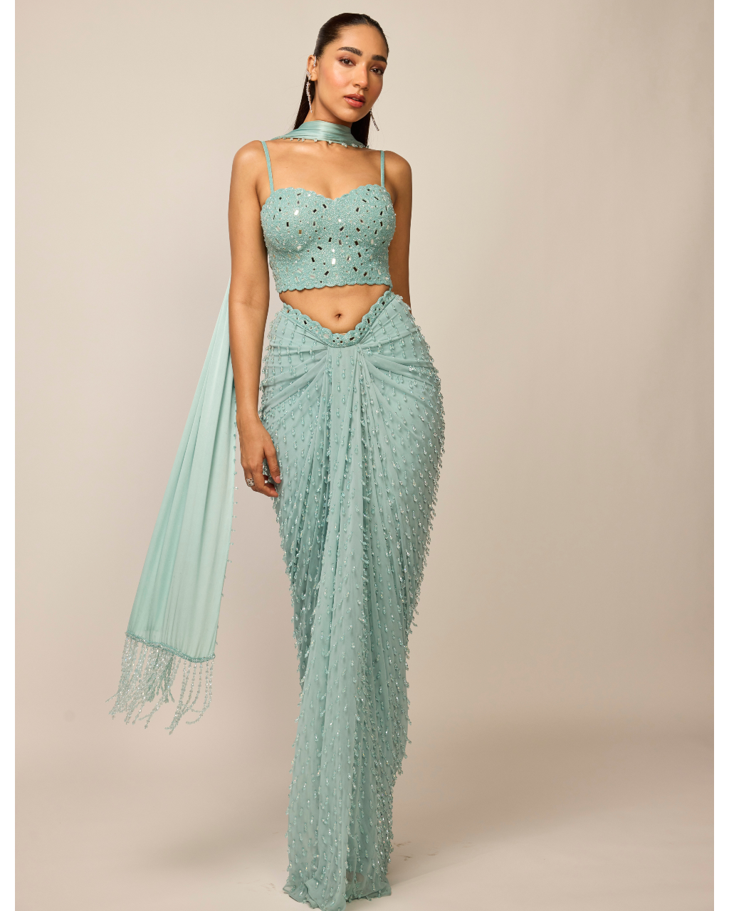 Powder Blue Single Drop Draped Skirt Set By KYNAH, Luxury Indian Fashion & Bridal Wear