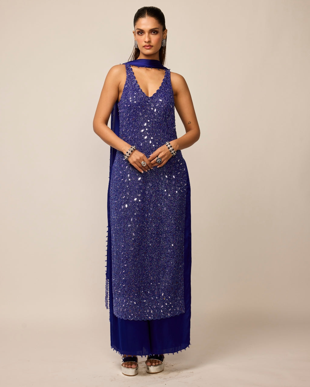 Cocktail Blue V Neck Kurta Set By KYNAH, Luxury Indian Fashion & Bridal Wear