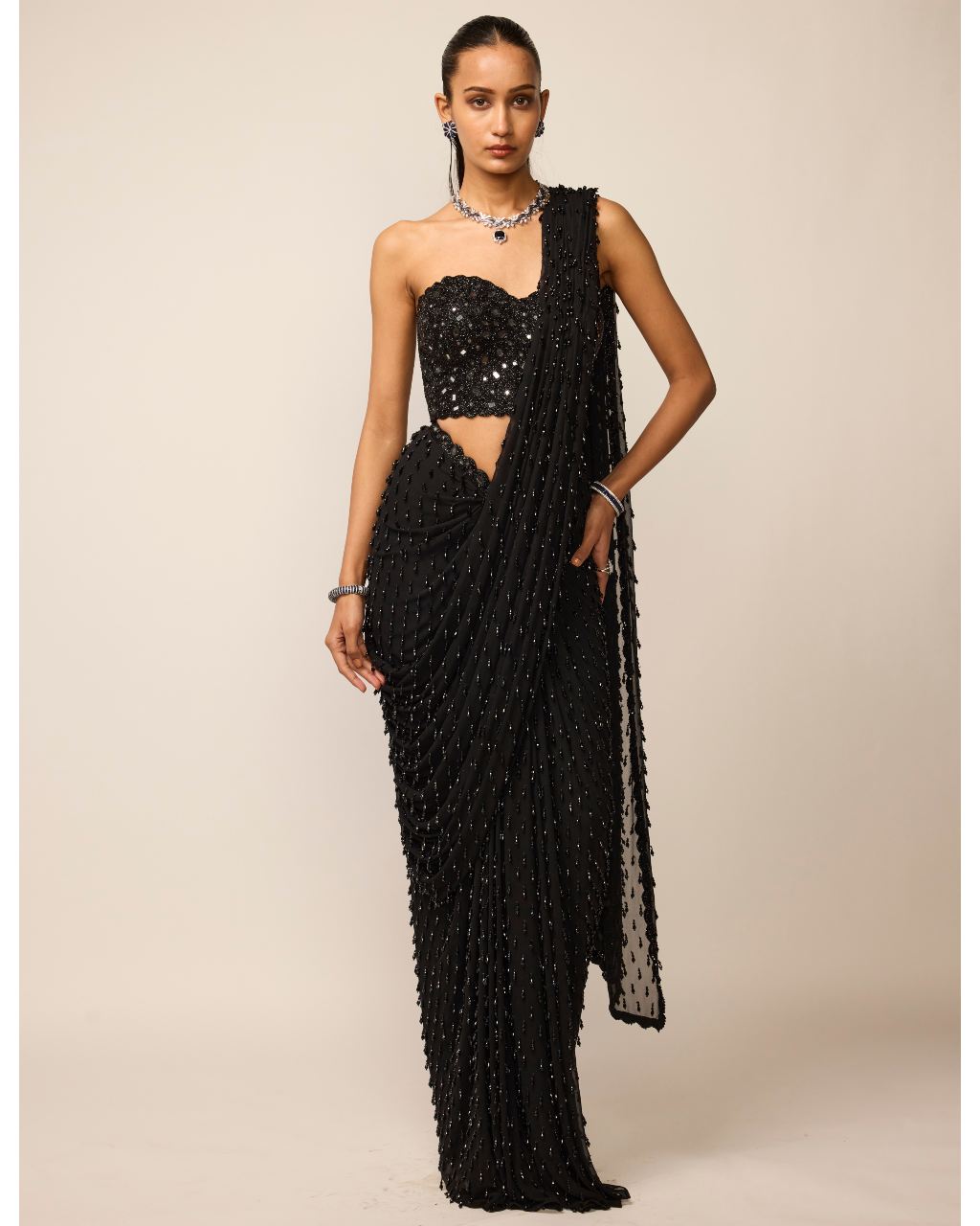 Black Single Drop Sari Set By KYNAH, Luxury Indian Fashion & Bridal Wear