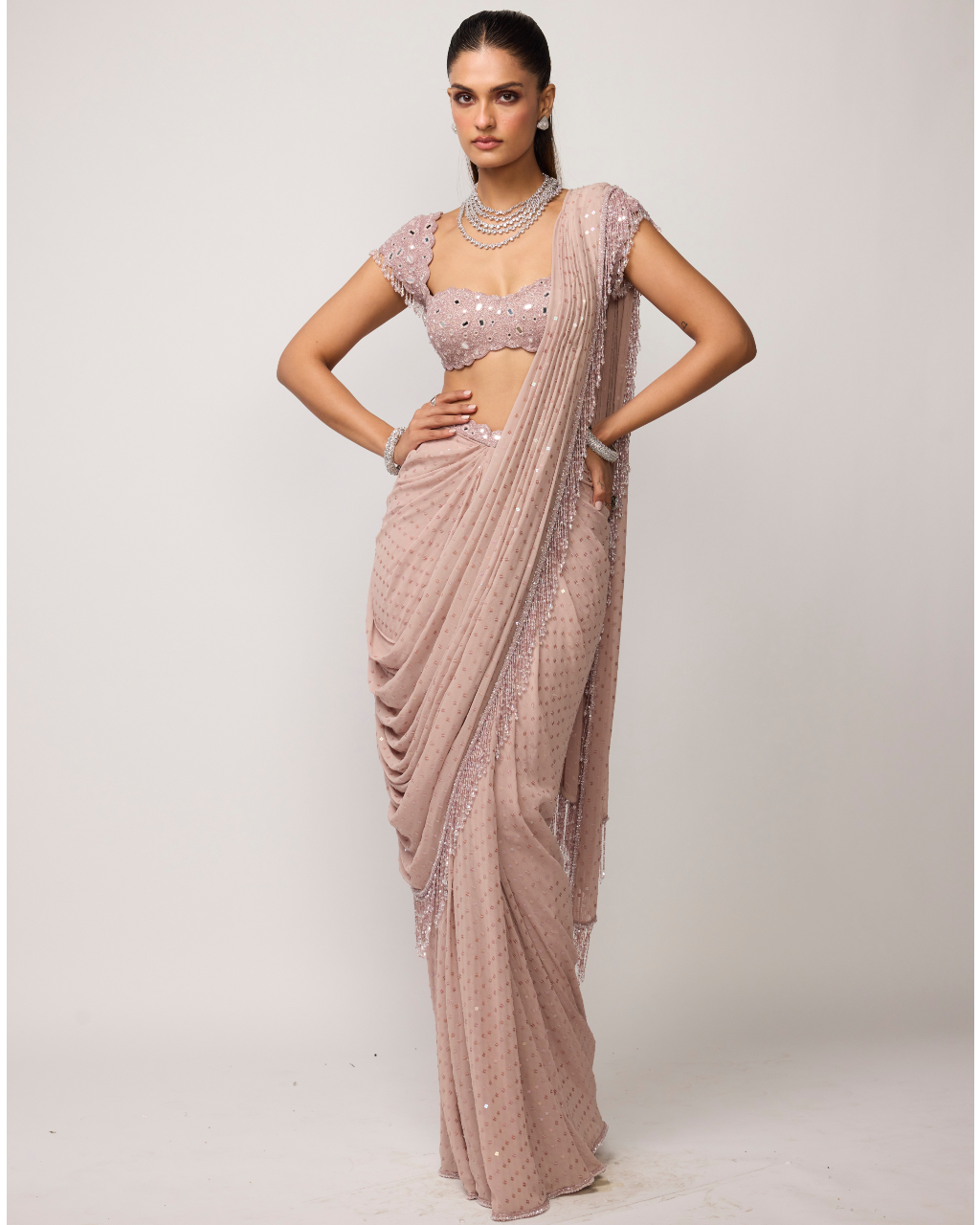 Ash Pink Sequins Embroidered Draped Sari Set By KYNAH, Luxury Indian Fashion & Bridal Wear