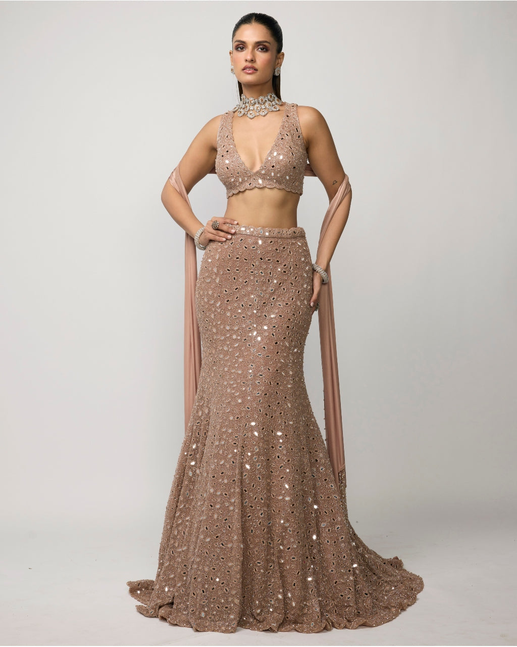 Bronze Rosé Fishcut Lehenga Set By KYNAH, Luxury Indian Fashion & Bridal Wear