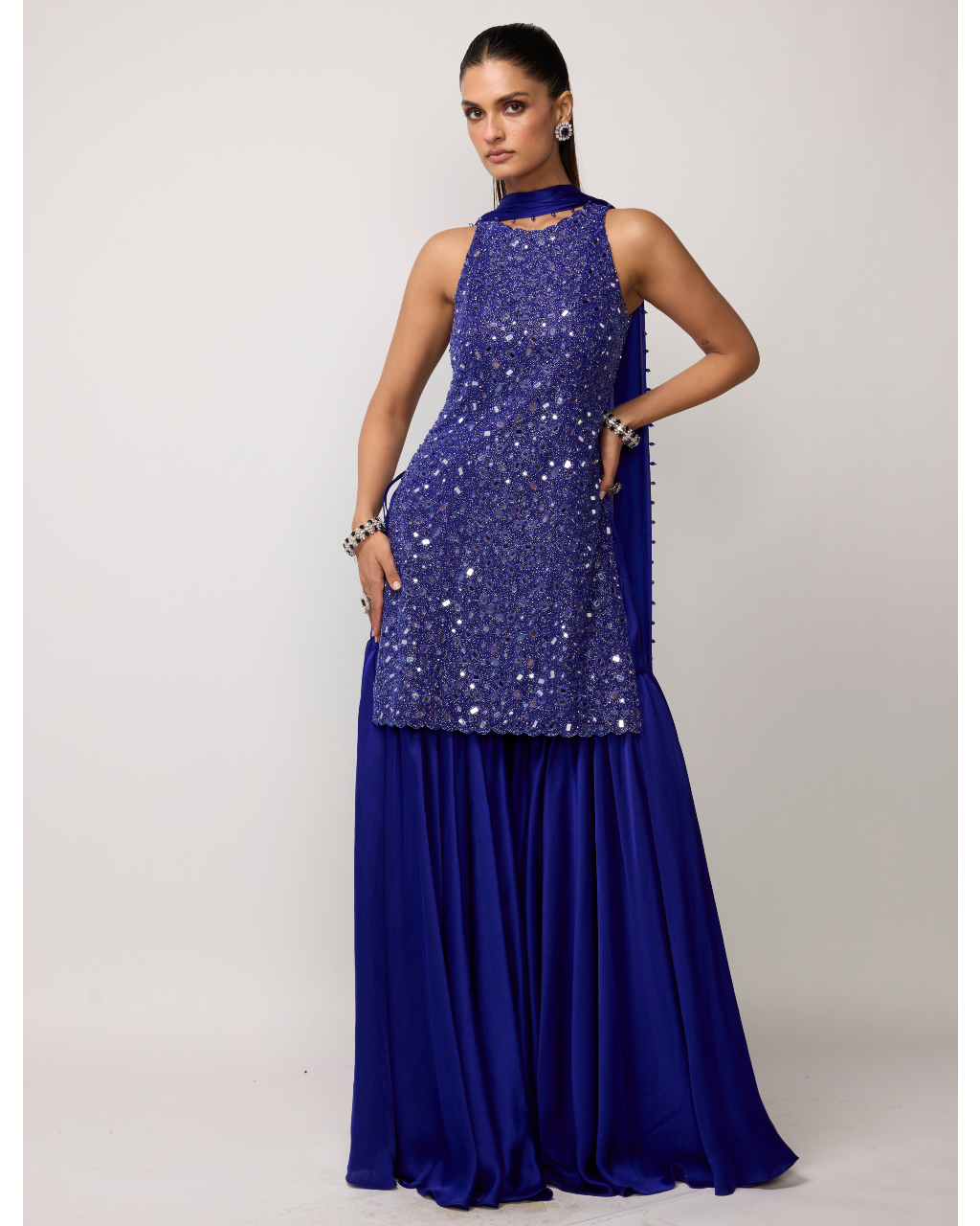 Cocktail Blue Satin Sharara Set By KYNAH, Luxury Indian Fashion & Bridal Wear