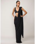 Black Single Drop V Neck Sari Set By KYNAH, Luxury Indian Fashion & Bridal Wear