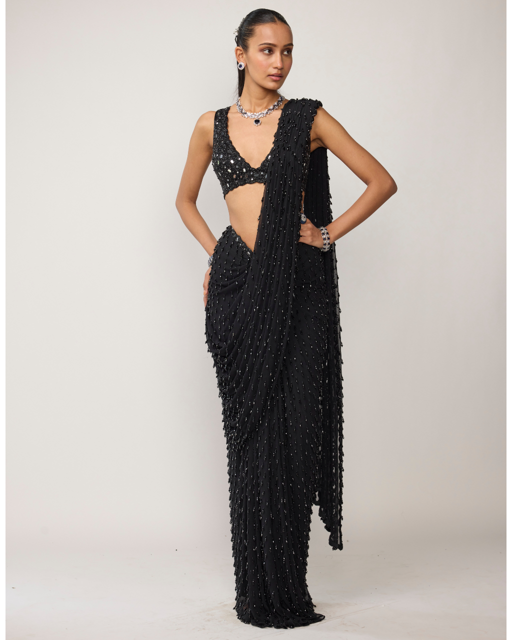 Black Single Drop V Neck Sari Set By KYNAH, Luxury Indian Fashion & Bridal Wear