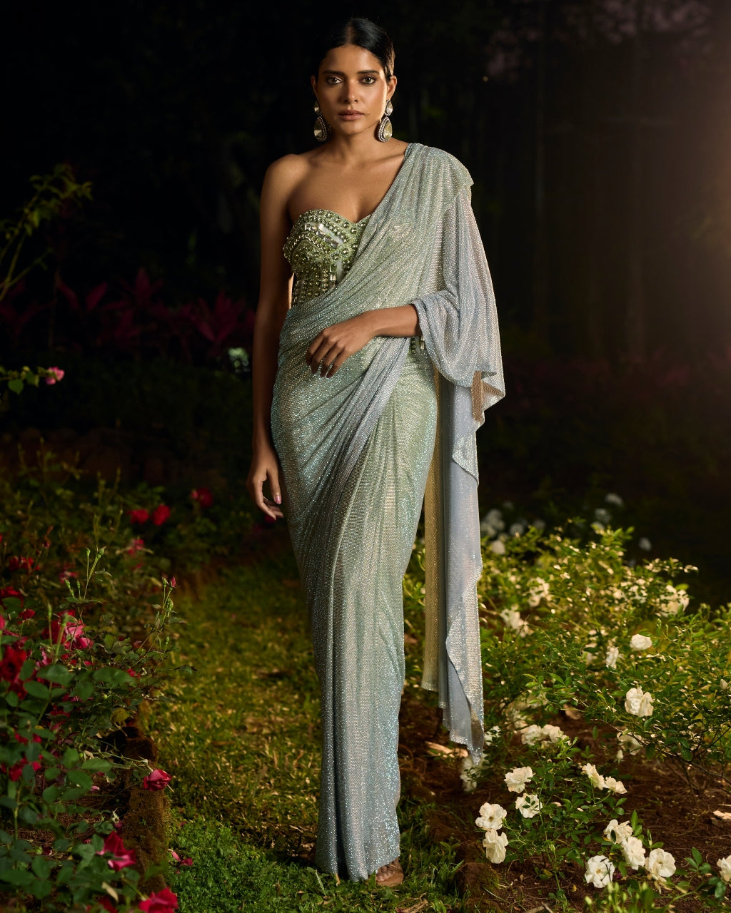 Pista Noor Crystal Sari Set By KYNAH, Luxury Indian Fashion & Bridal Wear