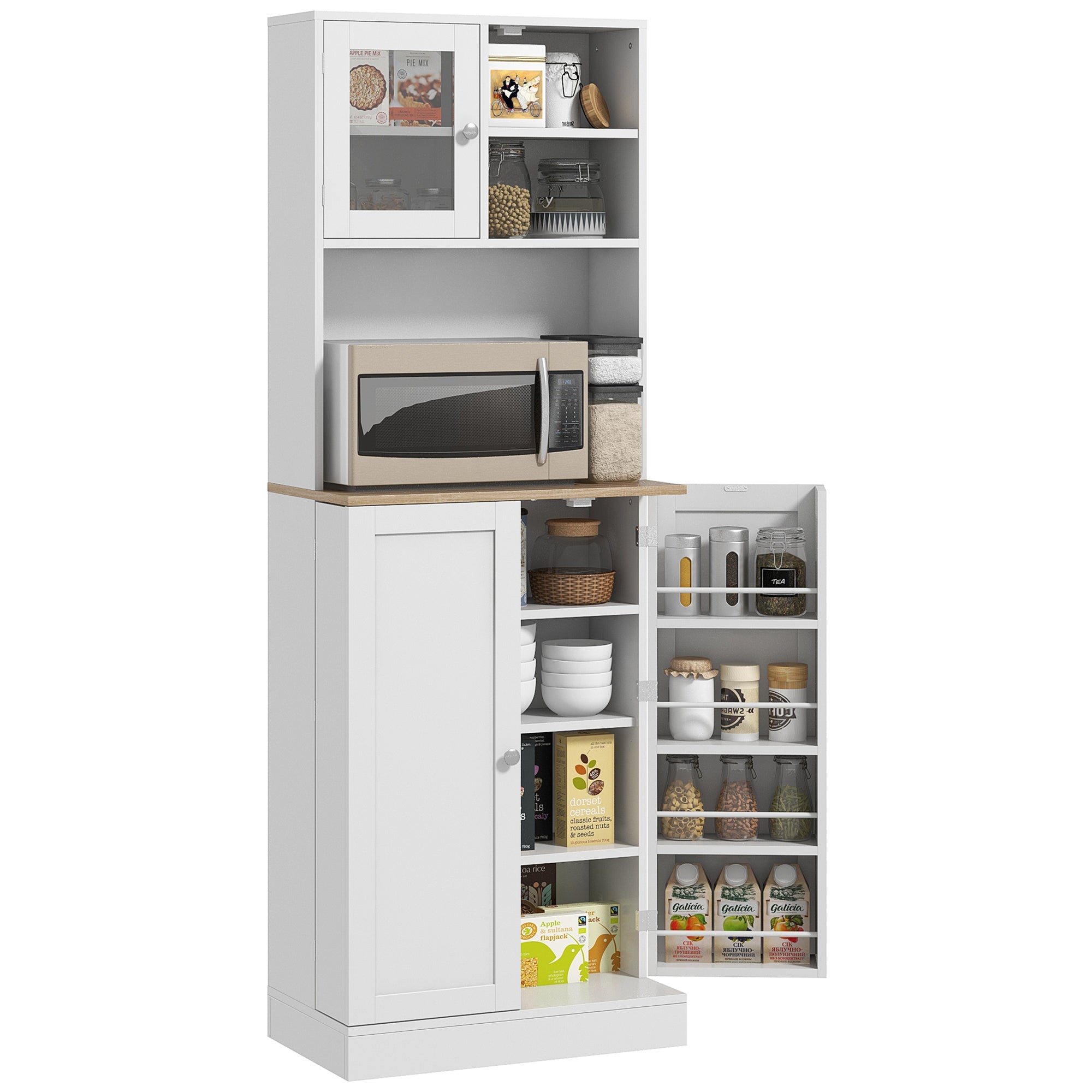 169cm Kitchen Cupboard with Microwave Shelf, Adjustable Shelves & 8 Doors, White