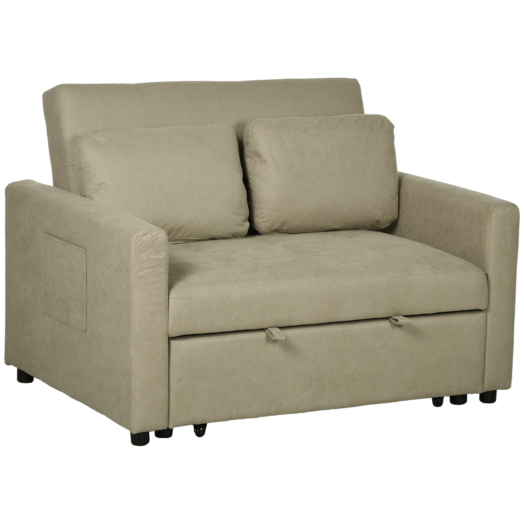 Fabric Loveseat Sofa Bed with Cushions & Side Pockets, Light Brown