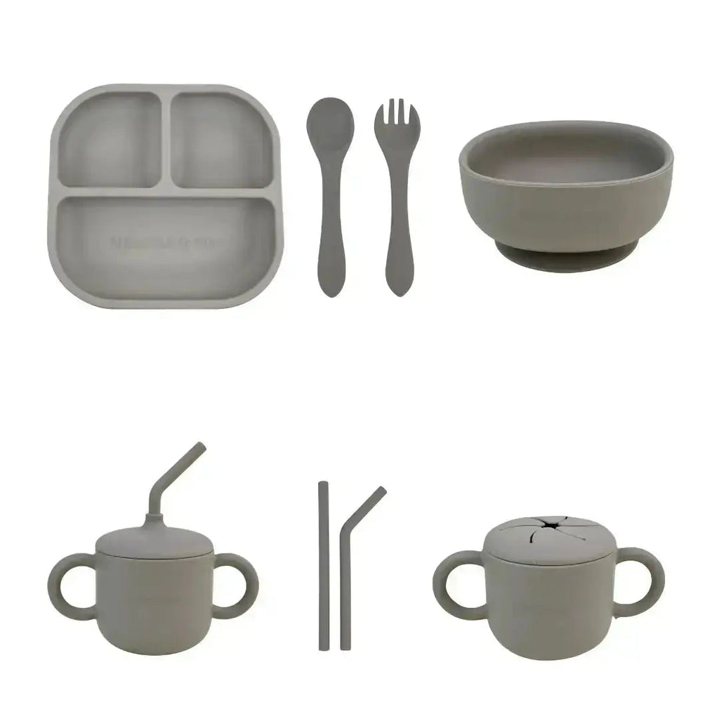 Kit Deluxe Babero + Vajilla BLW Gris 9 Piezas de Silicona orgánica con ventosas Nenina & Co