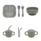 Kit Deluxe Babero + Vajilla BLW Gris 9 Piezas de Silicona orgánica con ventosas Nenina & Co
