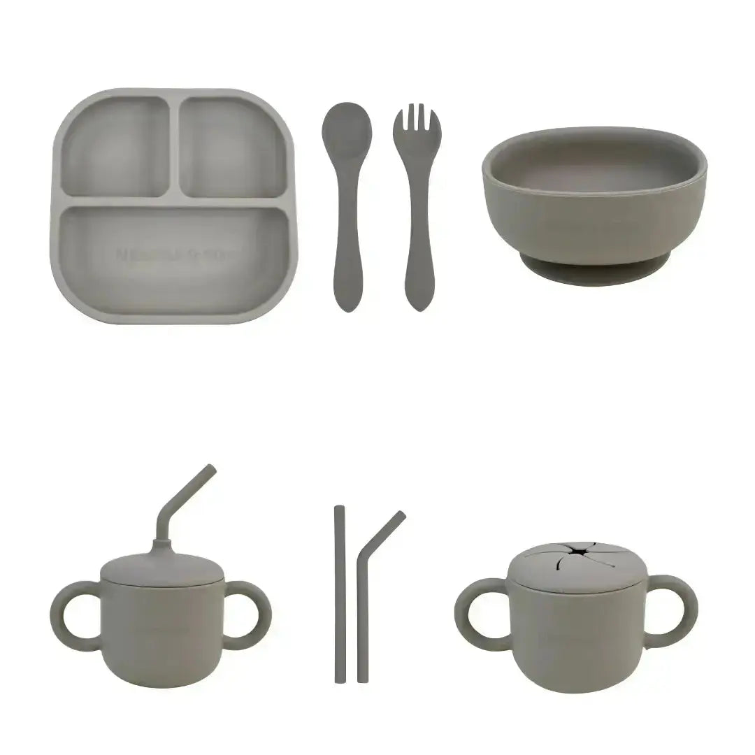 Kit Deluxe Babero + Vajilla BLW Gris 9 Piezas de Silicona orgánica con ventosas Nenina & Co