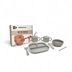 Kit Deluxe Babero + Vajilla BLW Gris 9 Piezas de Silicona orgánica con ventosas Nenina & Co