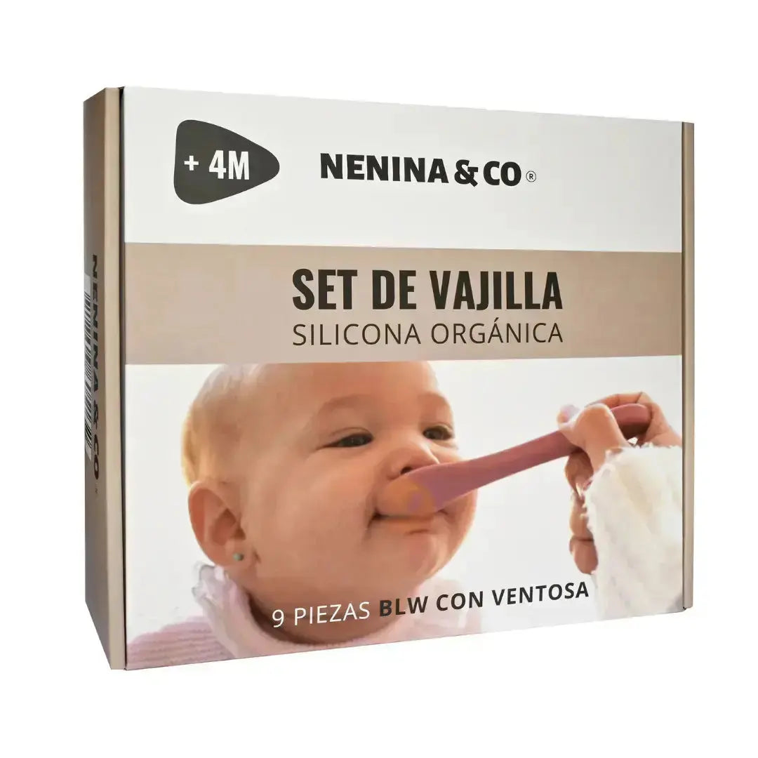 Kit Deluxe Babero + Vajilla BLW Gris 9 Piezas de Silicona orgánica con ventosas Nenina & Co