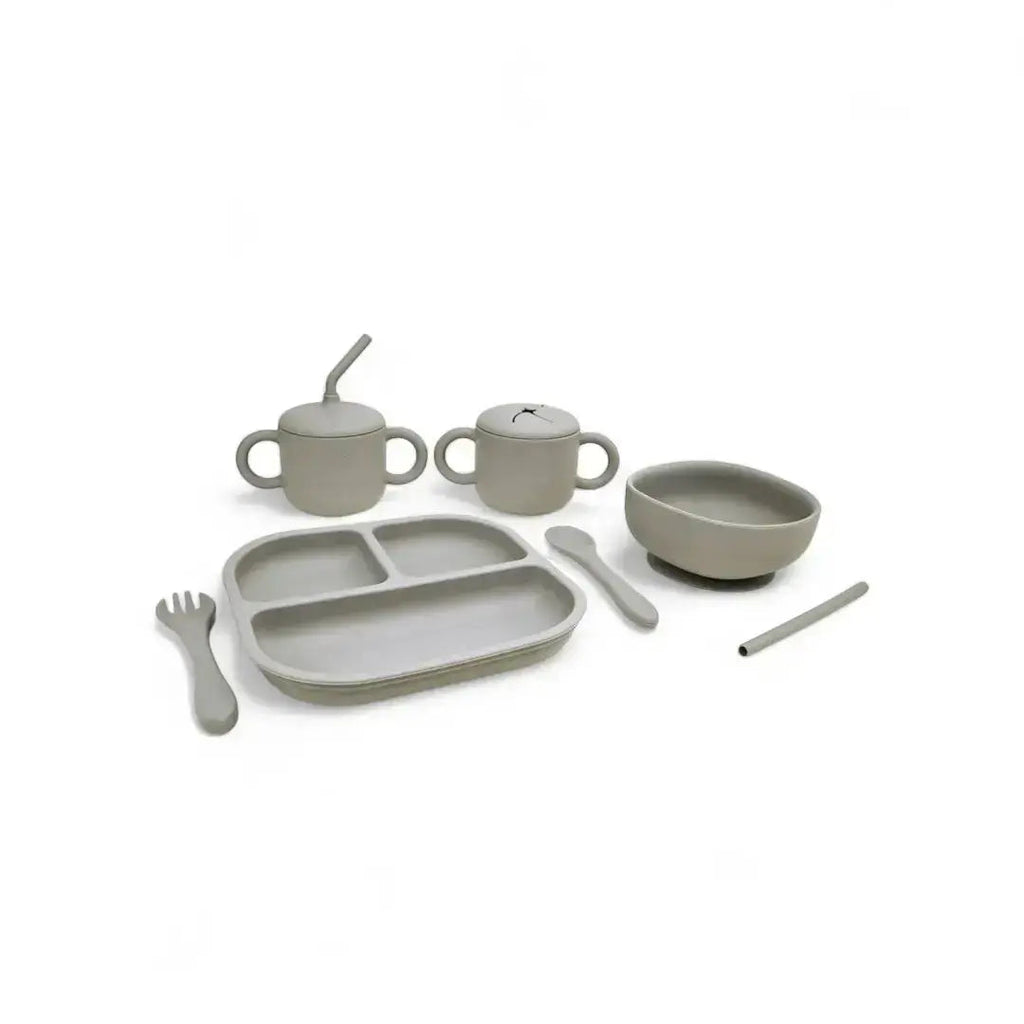 Kit Deluxe Babero + Vajilla BLW Gris 9 Piezas de Silicona orgánica con ventosas Nenina & Co