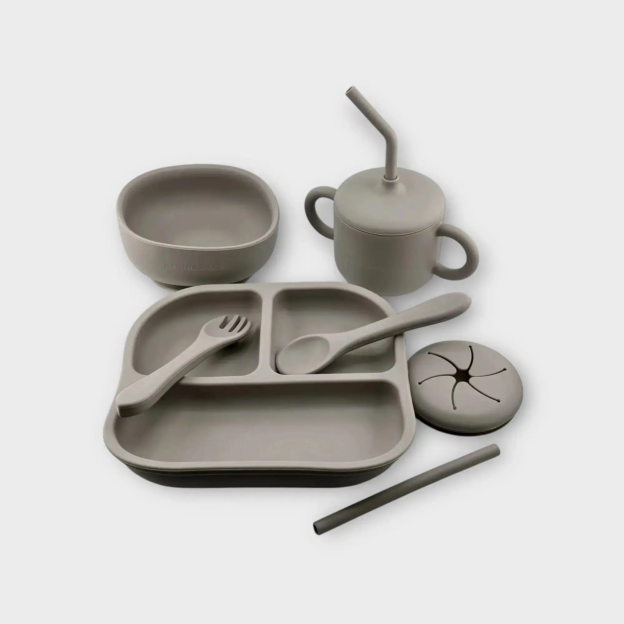 Kit Deluxe Babero + Vajilla BLW Gris 9 Piezas de Silicona orgánica con ventosas Nenina & Co