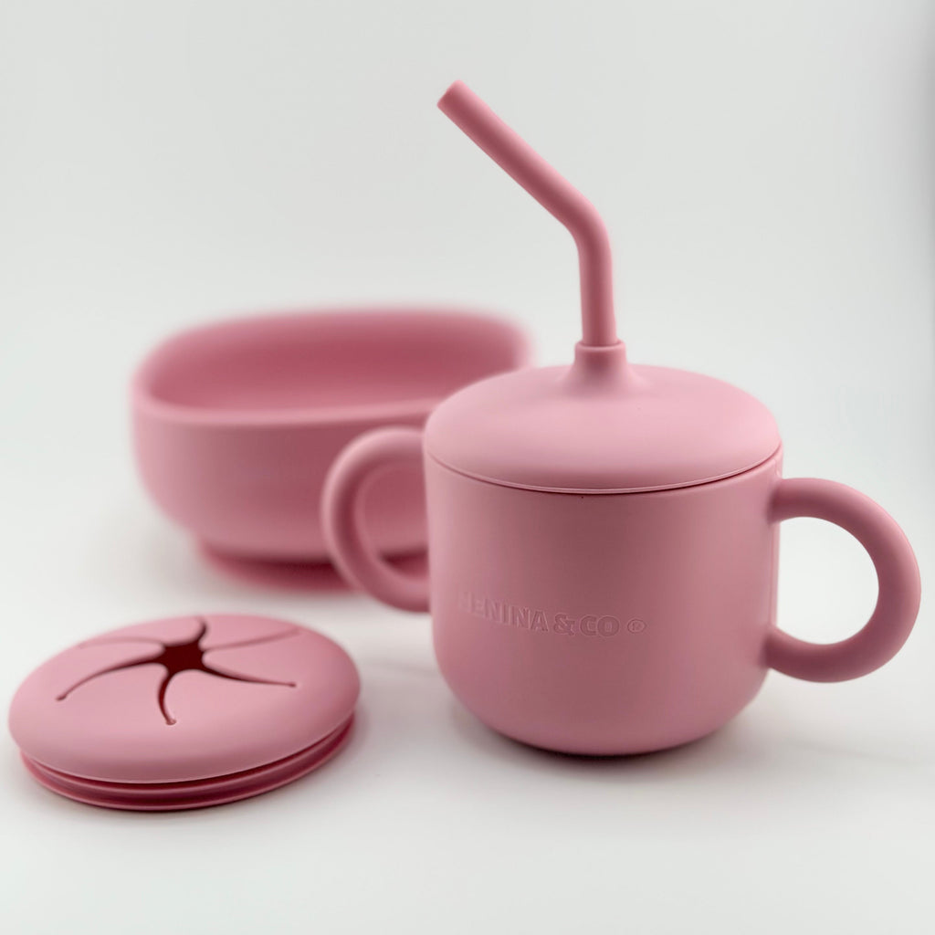 Kit Deluxe Vajilla + Babero BLW Pink 9 Piezas de Silicona orgánica con ventosas Nenina & Co