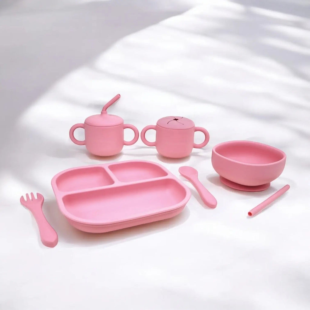 Kit Deluxe Vajilla + Babero BLW Pink 9 Piezas de Silicona orgánica con ventosas Nenina & Co
