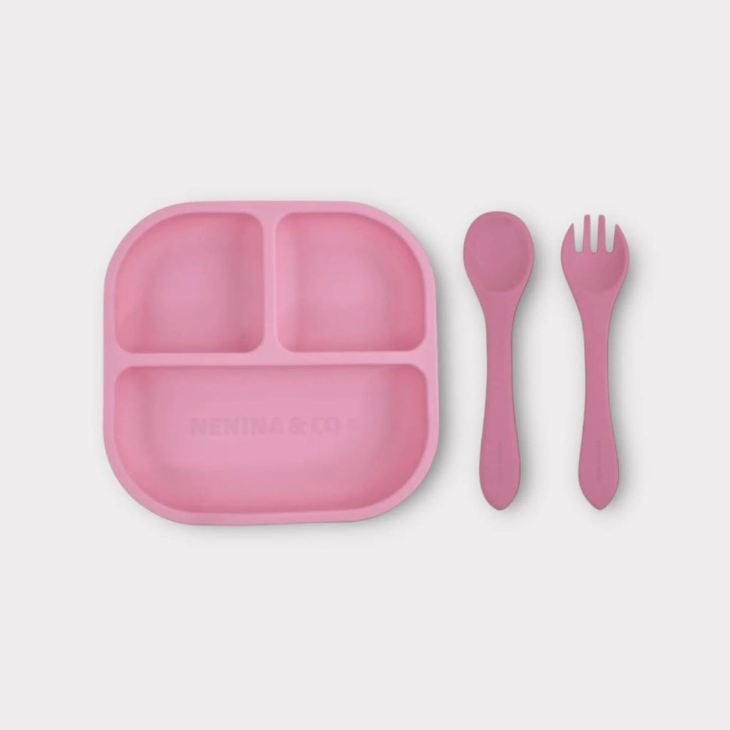 Kit Deluxe Vajilla + Babero BLW Pink 9 Piezas de Silicona orgánica con ventosas Nenina & Co