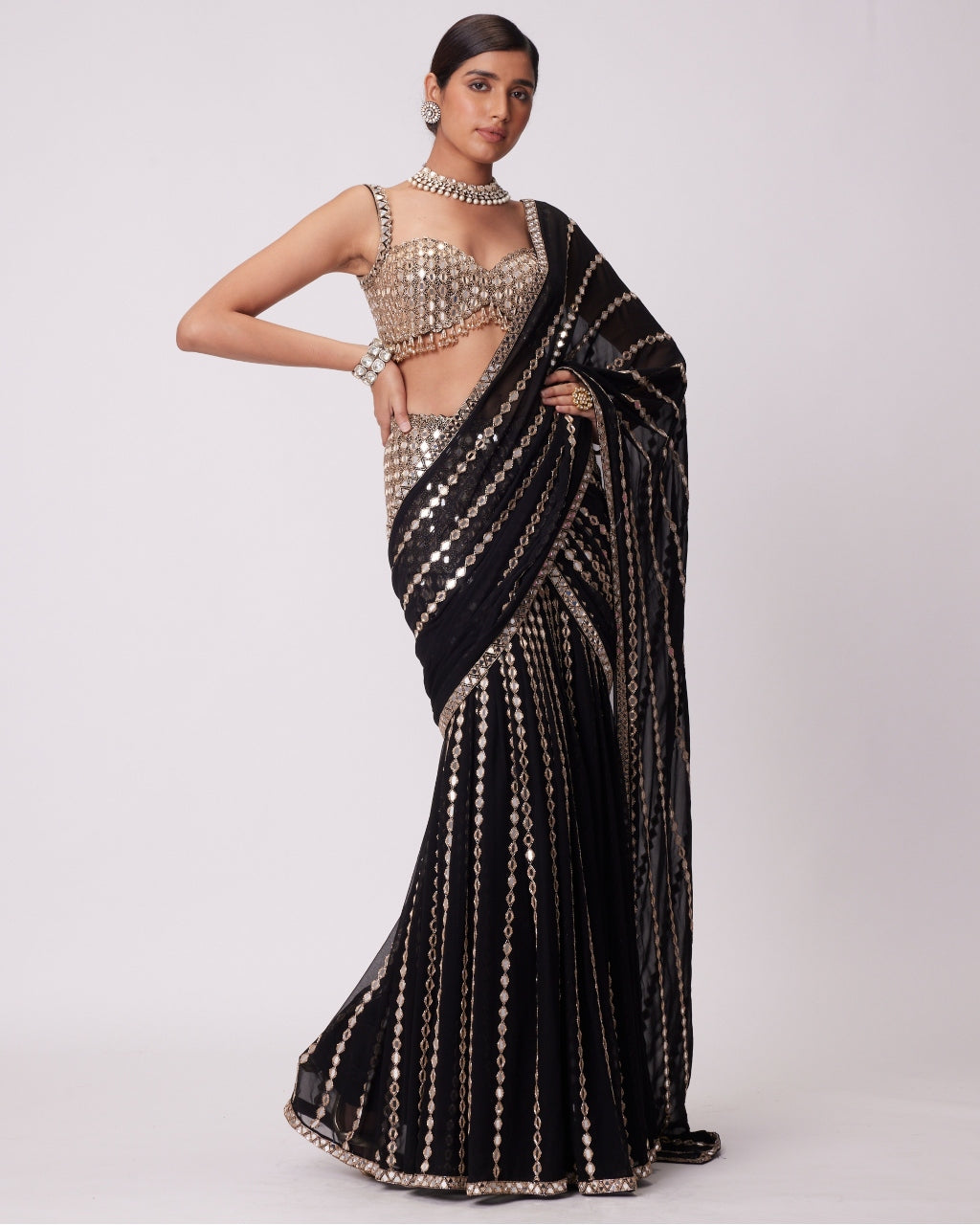 Black Pre Draped Hand Embroidered Sari Set By KYNAH, Luxury Indian Fashion & Bridal Wear