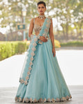 Powder Blue Organza Mirror Embroidered Lehenga Set By KYNAH, Luxury Indian Fashion & Bridal Wear