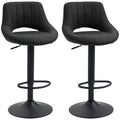 Set of 2 Adjustable Linen Swivel Bar Stools with Round Metal Base, Black