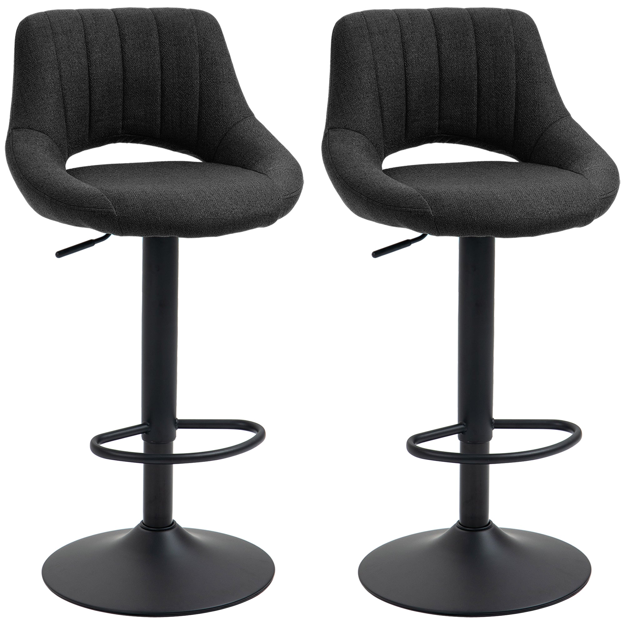 Set of 2 Adjustable Linen Swivel Bar Stools with Round Metal Base, Black