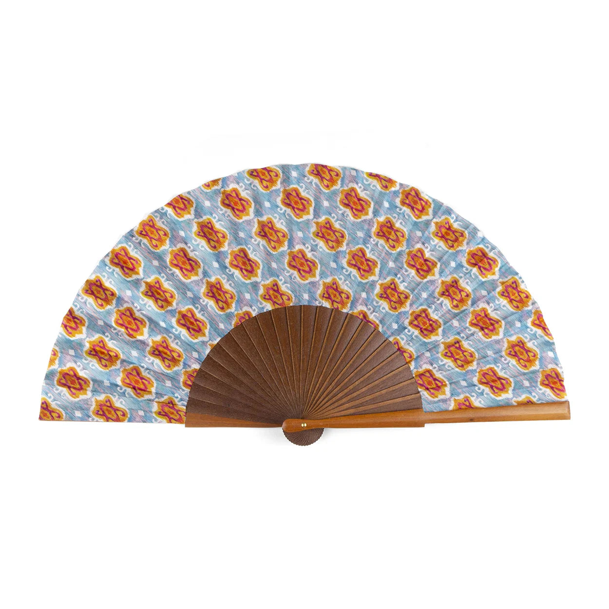 Handcrafted Silk Fan with Geometric Ikat Pattern in Vibrant Colors