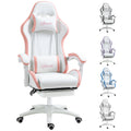PU Leather Computer Gaming Chair with Footrest,  135° Reclining Back & Lumbar Support, White and Pink