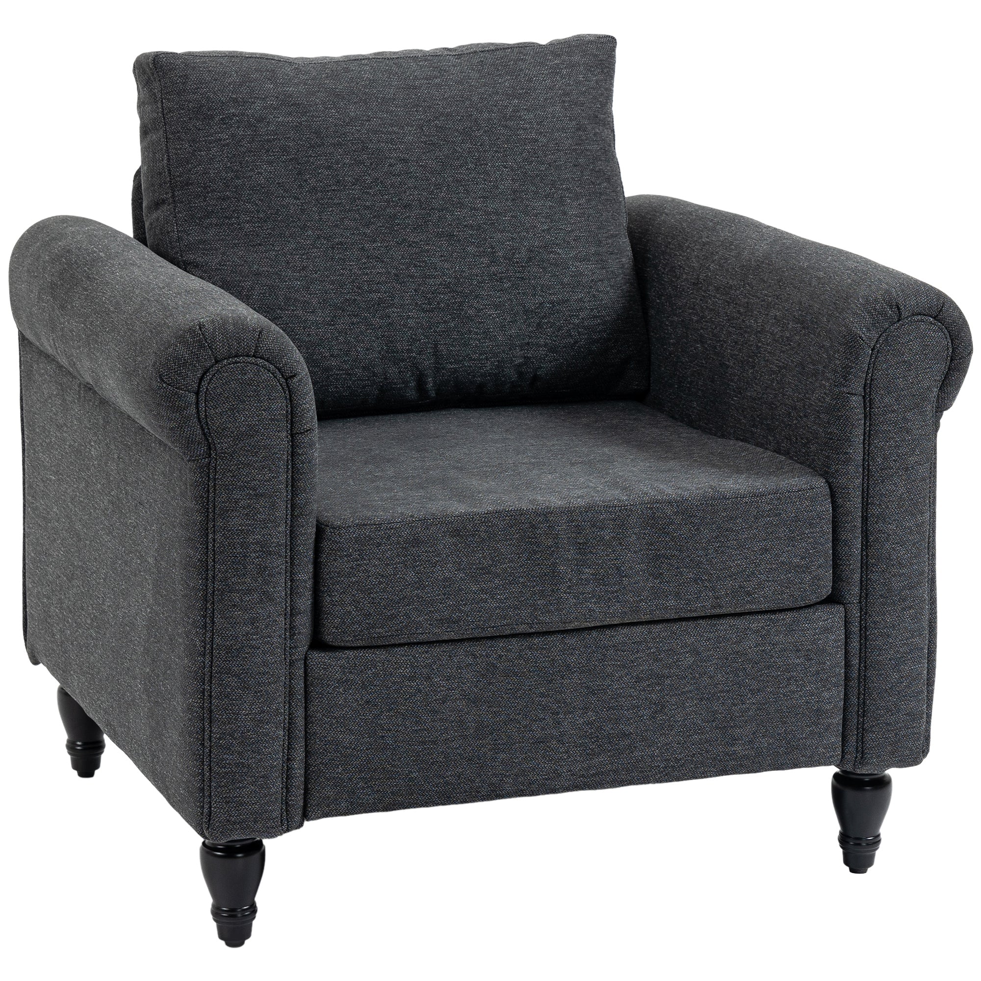 Vintage Accent Chair with Rolled Arms Rubber Wood Legs, Dark Grey