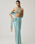 Powder Blue Mirror Satin Draped Skirt Set By KYNAH, Luxury Indian Fashion & Bridal Wear