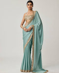 Powder Blue Mirror Satin Sari Set By KYNAH, Luxury Indian Fashion & Bridal Wear
