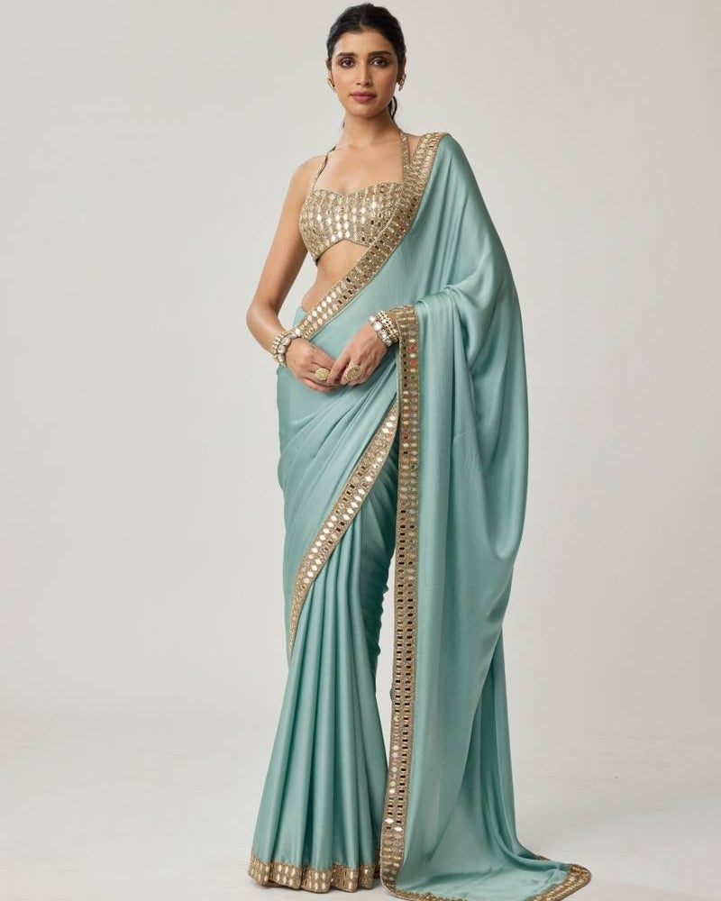 Powder Blue Mirror Satin Sari Set By KYNAH, Luxury Indian Fashion & Bridal Wear