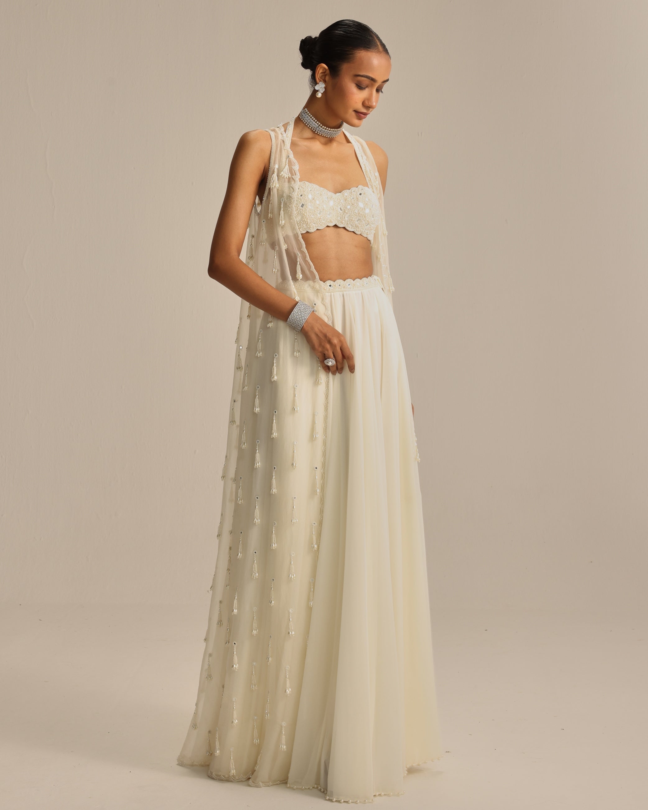 Off White Jacket Pearl And Mirror Jacket Set By KYNAH, Luxury Indian Fashion & Bridal Wear