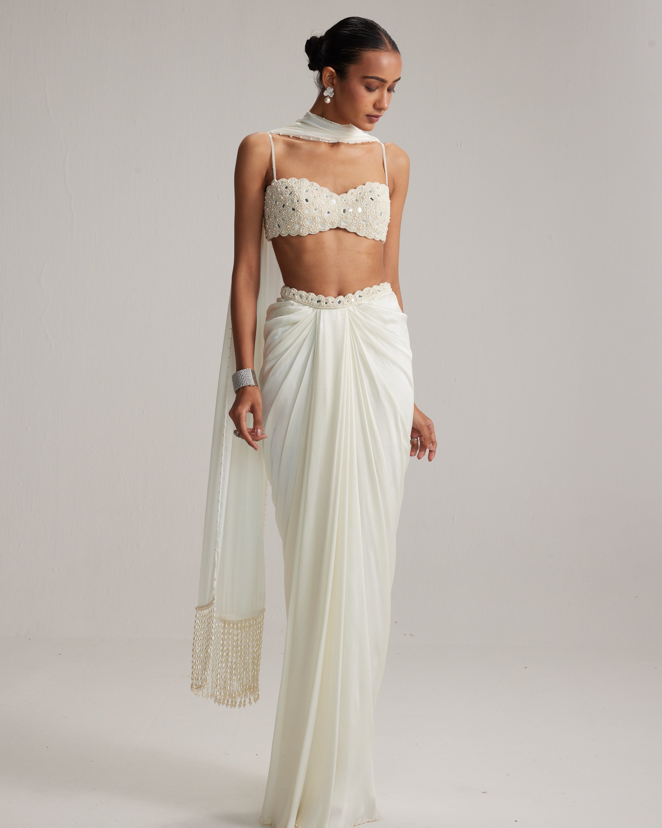 Off White Satin Draped Skirt Set By KYNAH, Luxury Indian Fashion & Bridal Wear