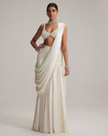 Off White Pearl And Mirror Embroidered Satin Draped Sari Set By KYNAH, Luxury Indian Fashion & Bridal Wear