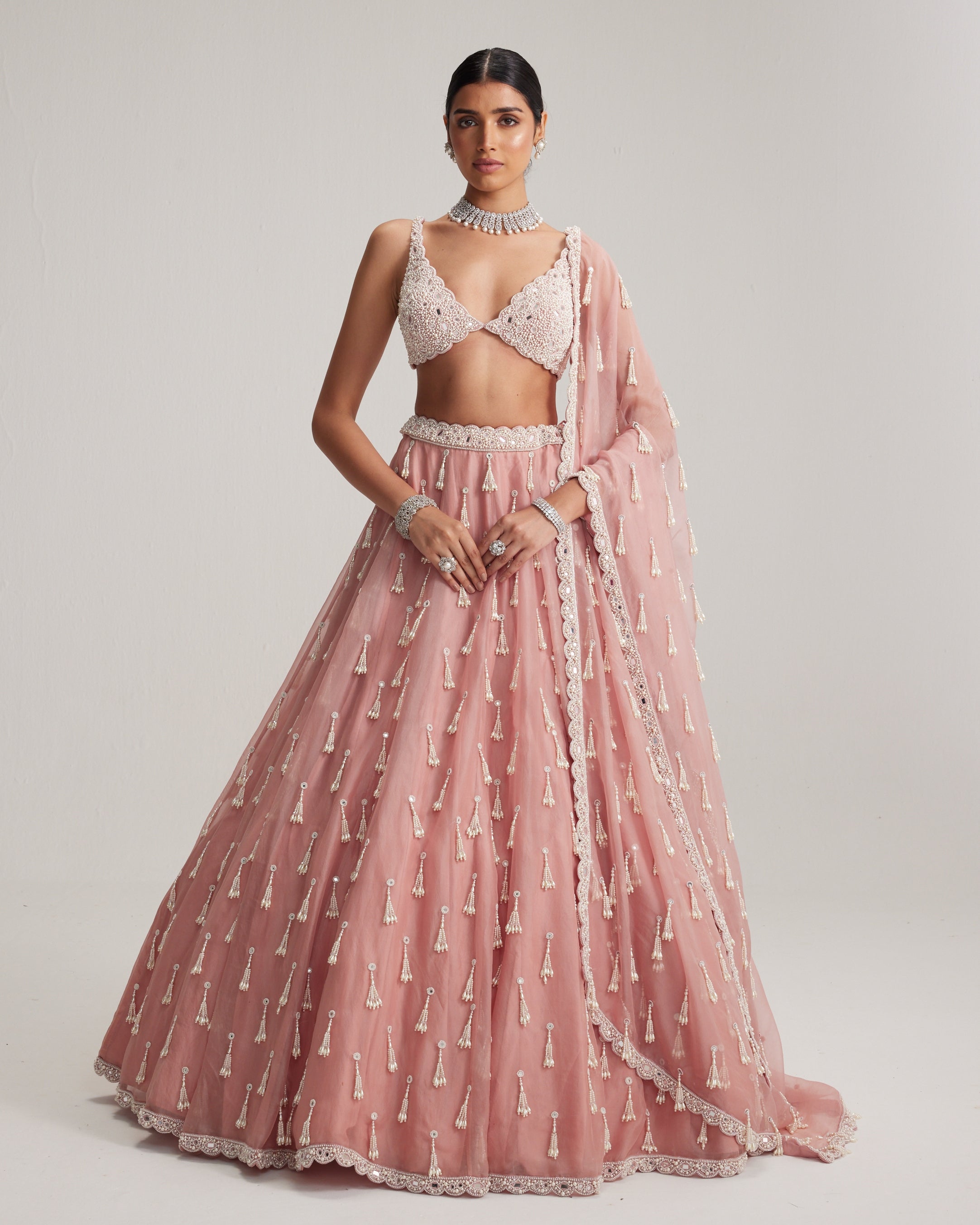 Dusty Rose Organza Long Pearl Tassels Lehenga Set By KYNAH, Luxury Indian Fashion & Bridal Wear