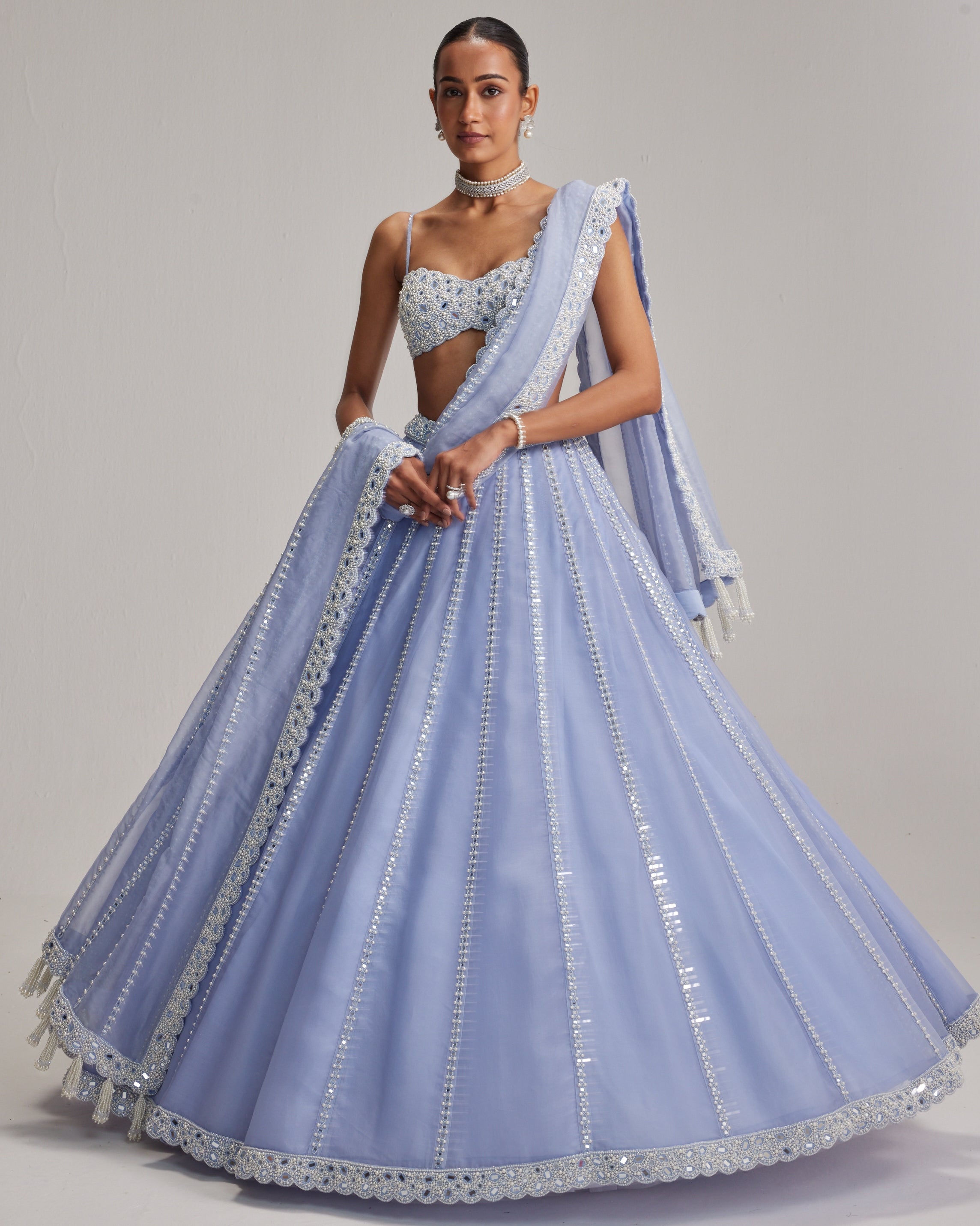 Dew Blue Linear Mirror Organza Lehenga Set By KYNAH, Luxury Indian Fashion & Bridal Wear