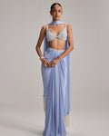 Dew Blue Satin Draped Skirt Set By KYNAH, Luxury Indian Fashion & Bridal Wear