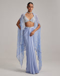 Dew Blue Cape And Satin Draped Skirt Set By KYNAH, Luxury Indian Fashion & Bridal Wear