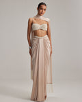 Light Beige Satin Draped Skirt Set By KYNAH, Luxury Indian Fashion & Bridal Wear