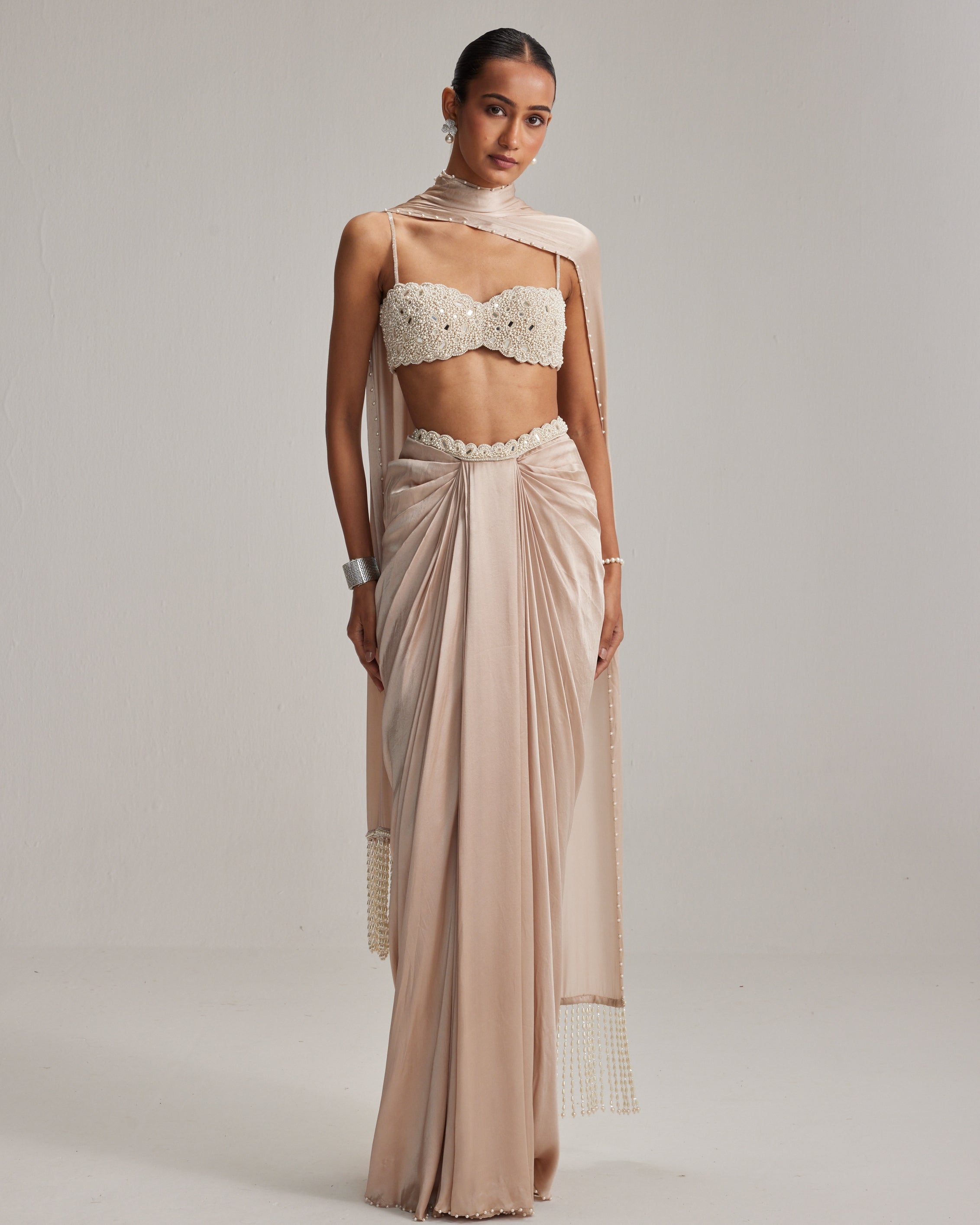 Light Beige Satin Draped Skirt Set By KYNAH, Luxury Indian Fashion & Bridal Wear