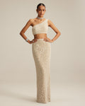 Light Beige One Shoulder Pencil Skirt Set By KYNAH, Luxury Indian Fashion & Bridal Wear