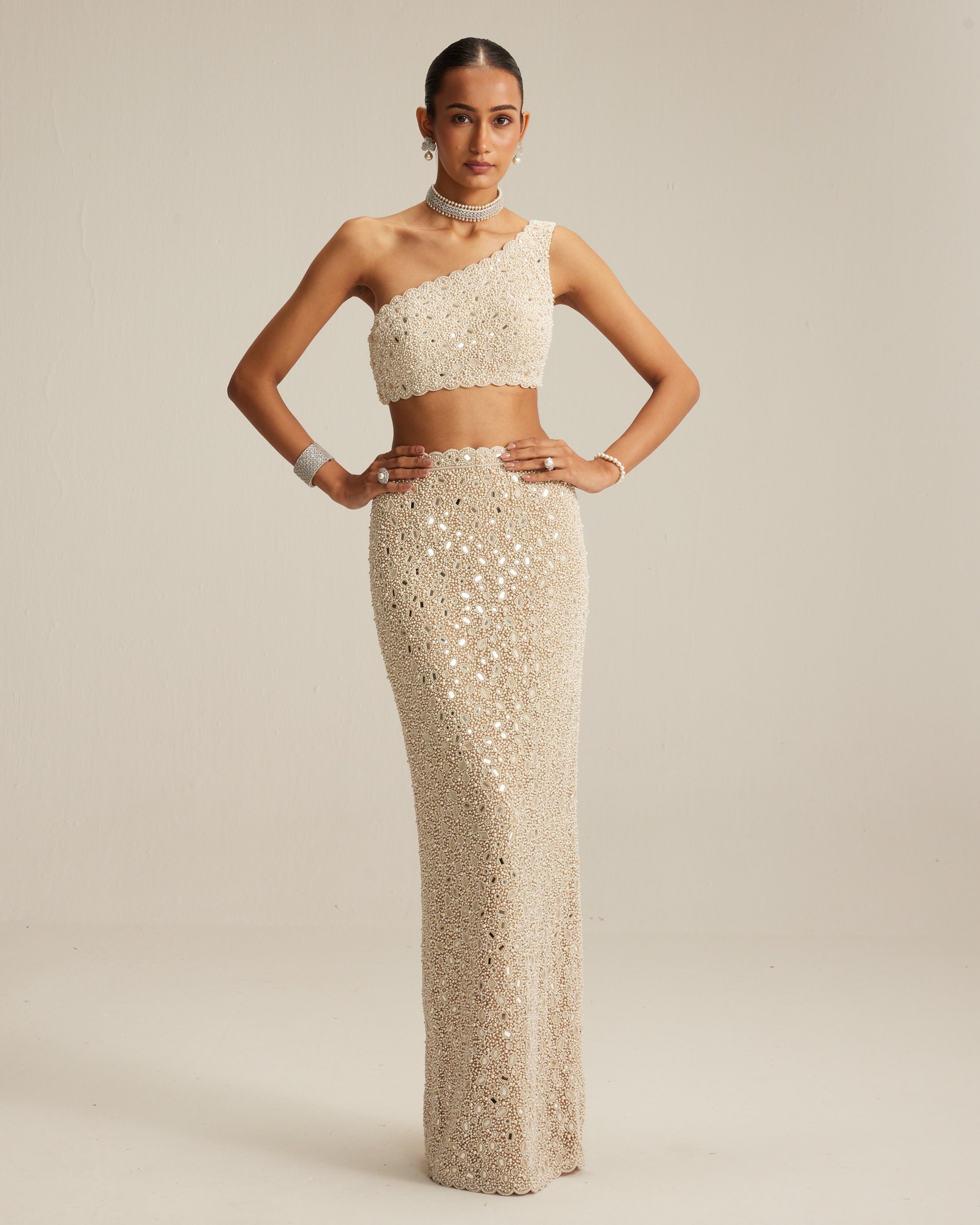 Light Beige One Shoulder Pencil Skirt Set By KYNAH, Luxury Indian Fashion & Bridal Wear