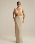 Light Beige V Neck Pencil Skirt Set By KYNAH, Luxury Indian Fashion & Bridal Wear