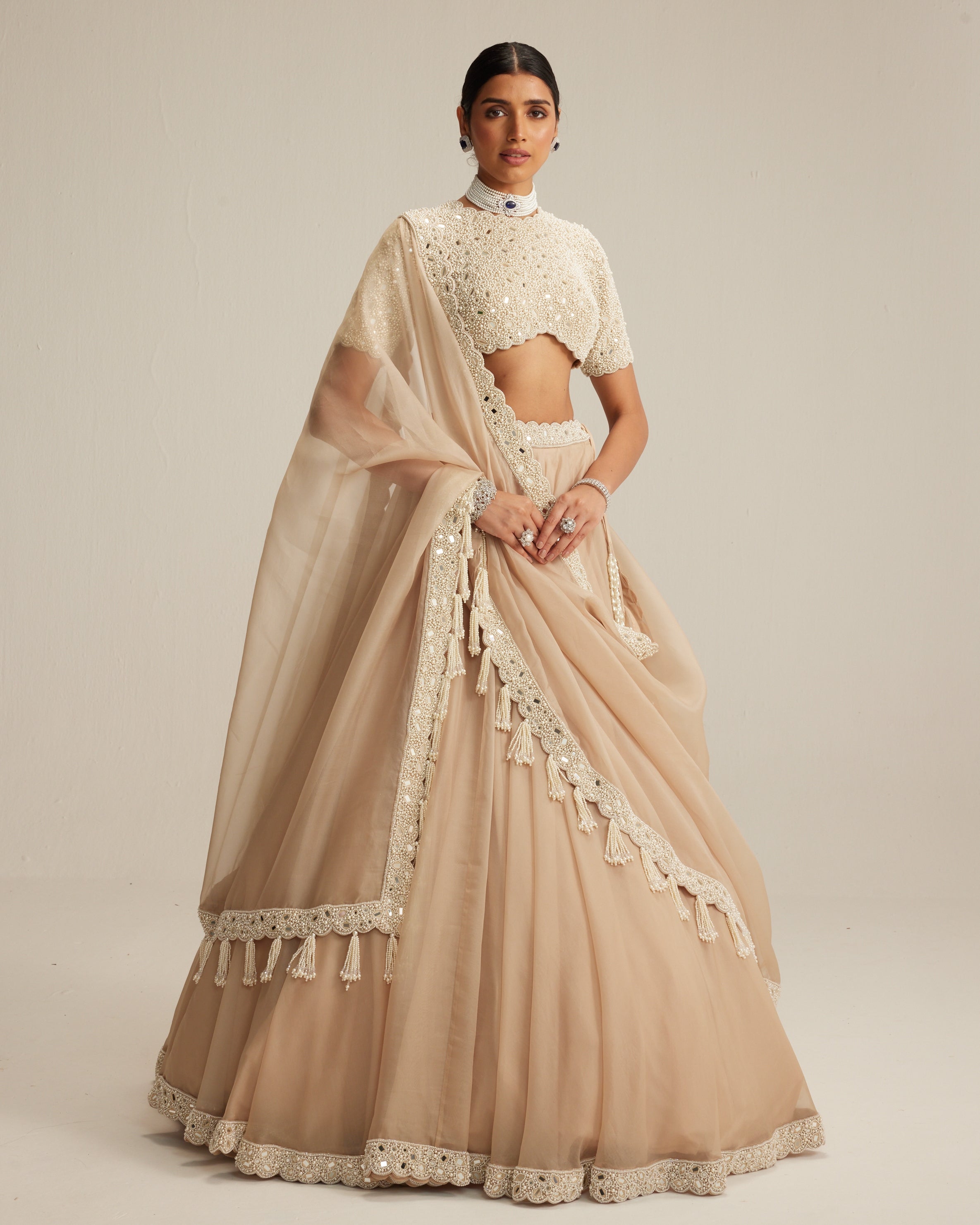 Light Beige High Neck Organza Mirror And Pearl Lehenga Set By KYNAH, Luxury Indian Fashion & Bridal Wear