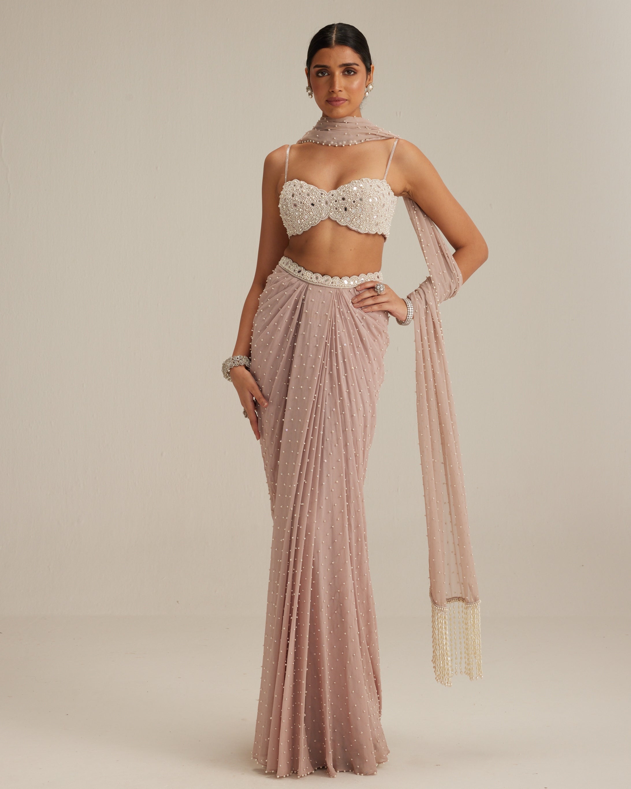 Ash Pink Pearl Scattered Draped Skirt Set By KYNAH, Luxury Indian Fashion & Bridal Wear