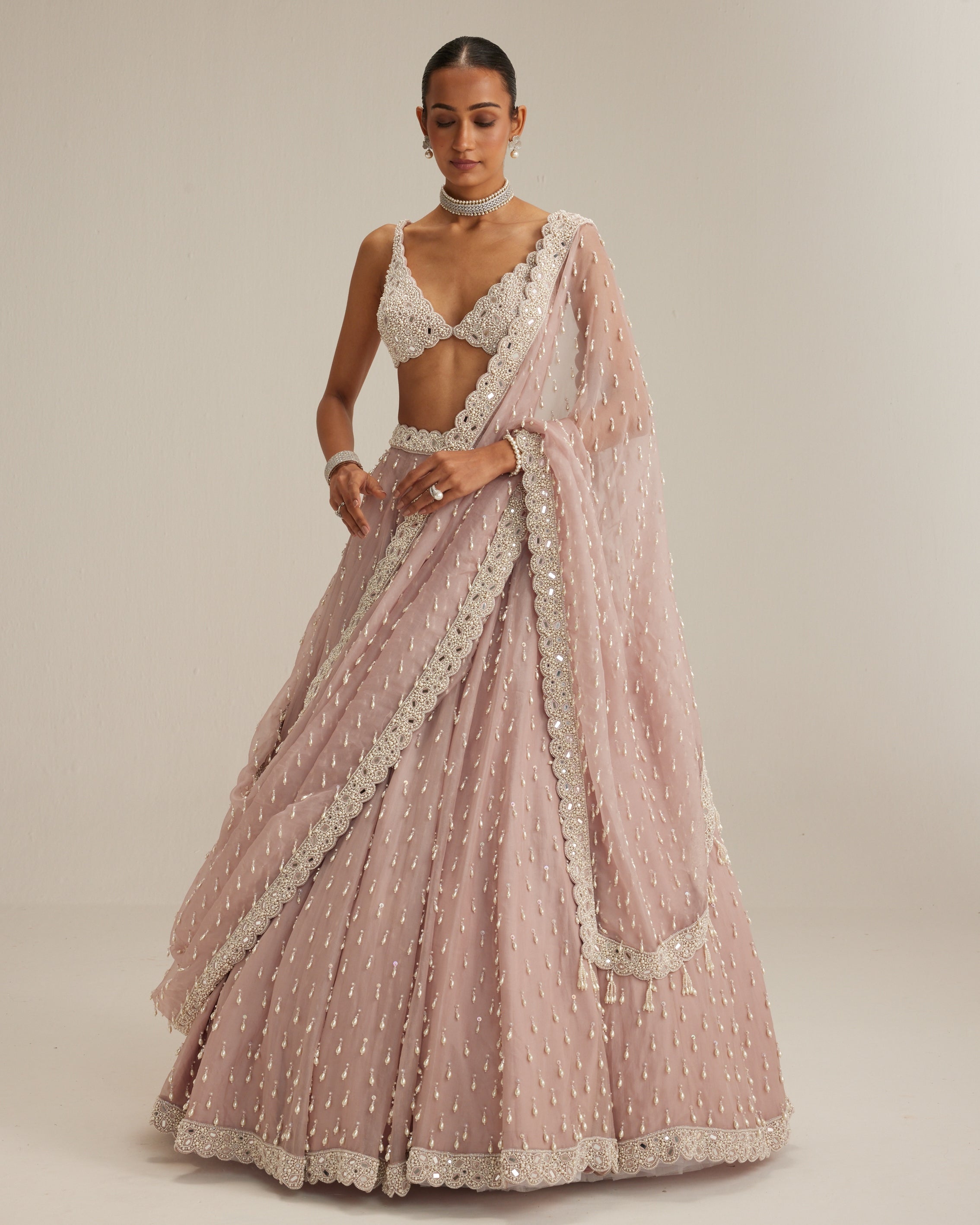 Ash Pink Pearl Drop Organza Lehenga Set By KYNAH, Luxury Indian Fashion & Bridal Wear