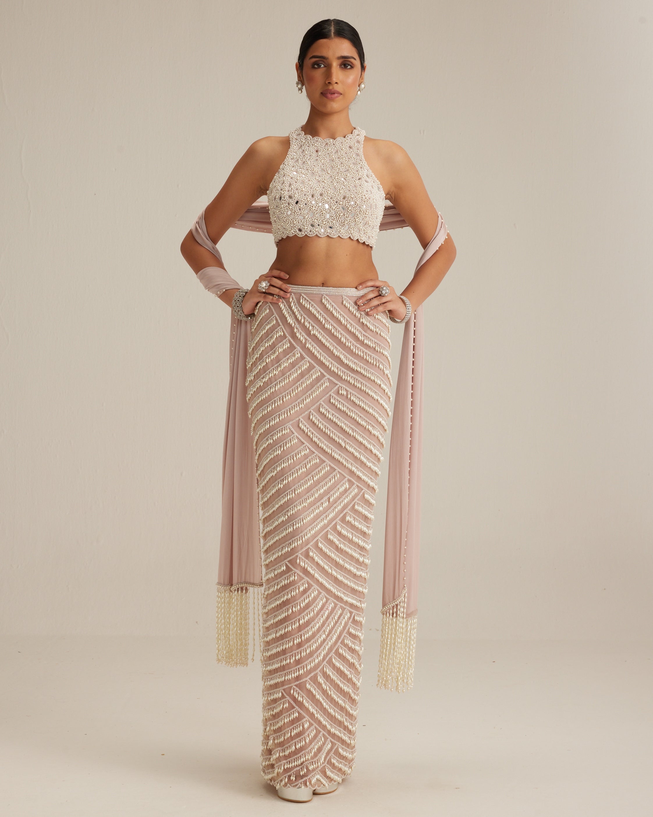 Ash Pink Pearl Drop Pencil Skirt Set By KYNAH, Luxury Indian Fashion & Bridal Wear