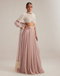 Ash Pink Georgette Skirt With High Neck Blouse And Stole By KYNAH, Luxury Indian Fashion & Bridal Wear