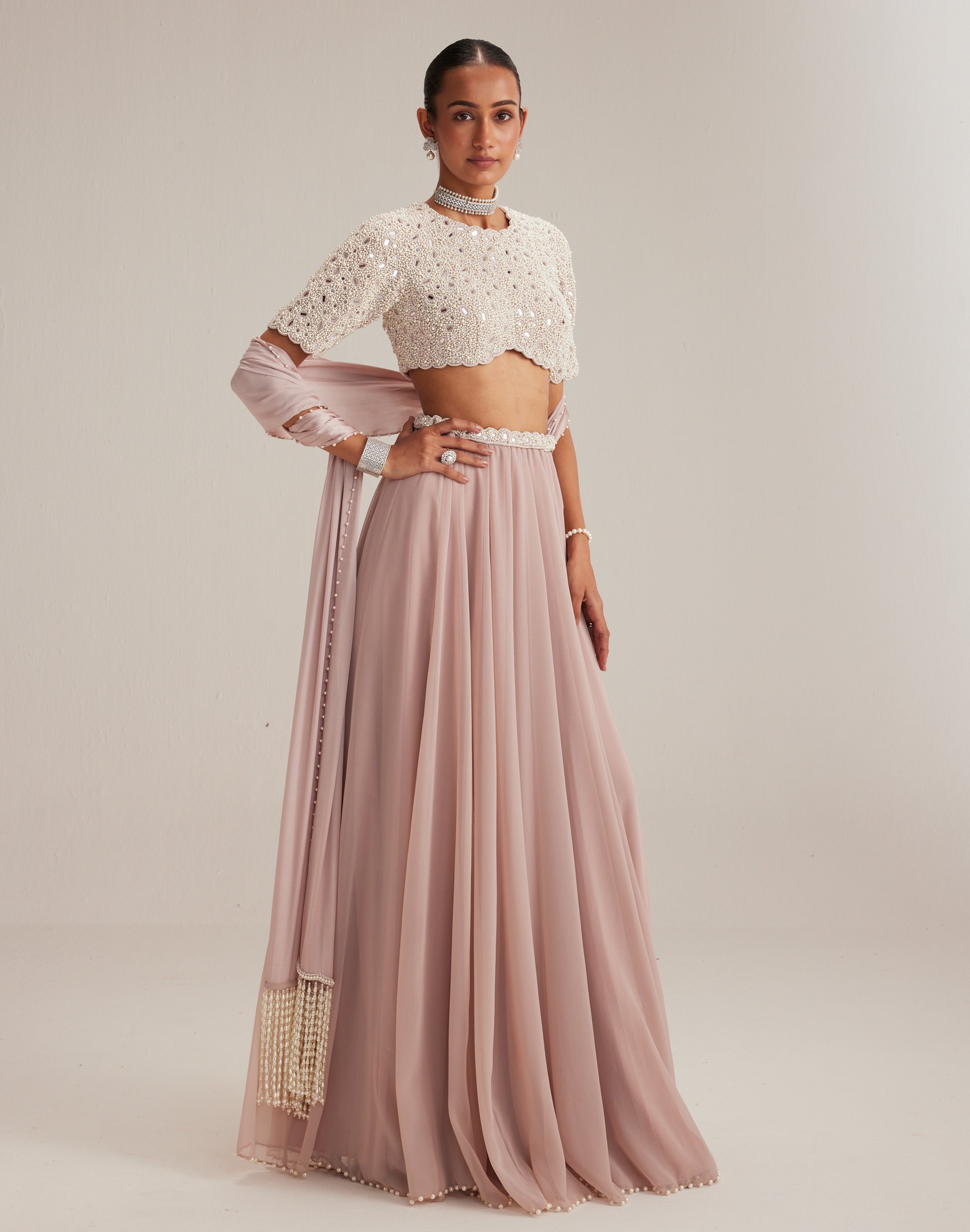 Ash Pink Georgette Skirt With High Neck Blouse And Stole By KYNAH, Luxury Indian Fashion & Bridal Wear