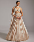 Light Beige V Neck Satin Skirt Set By KYNAH, Luxury Indian Fashion & Bridal Wear
